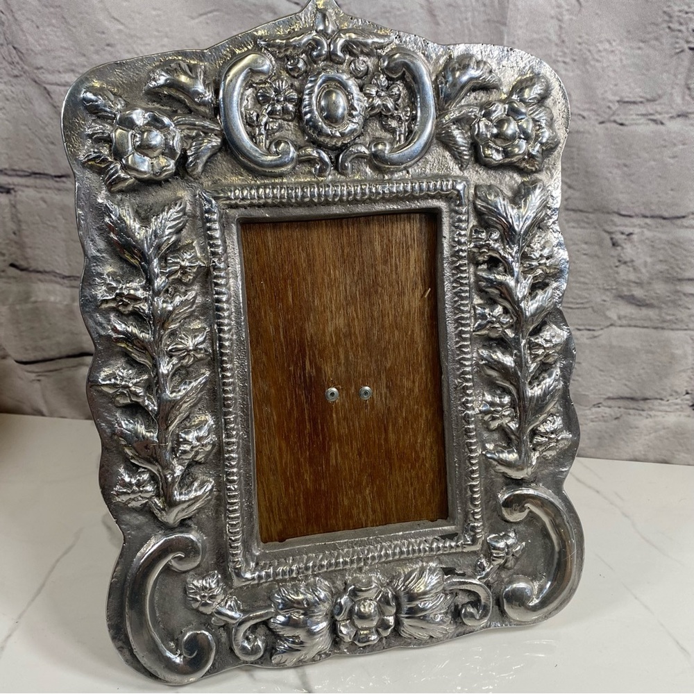 Vintage Mexican Pewter Floral Picture Photo Frame Ornate Design Wood Easel Back